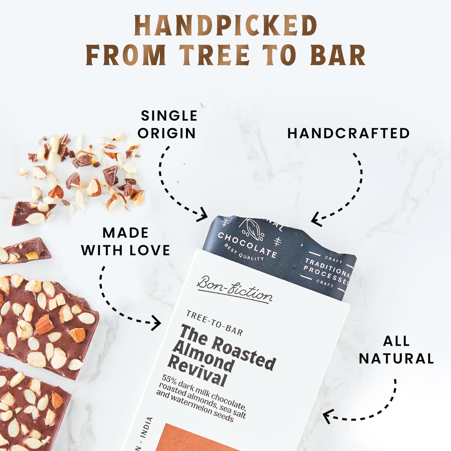 The Roasted Almond Revival - 55% Dark Milk Roasted Almonds Chocolate - Pack of 3