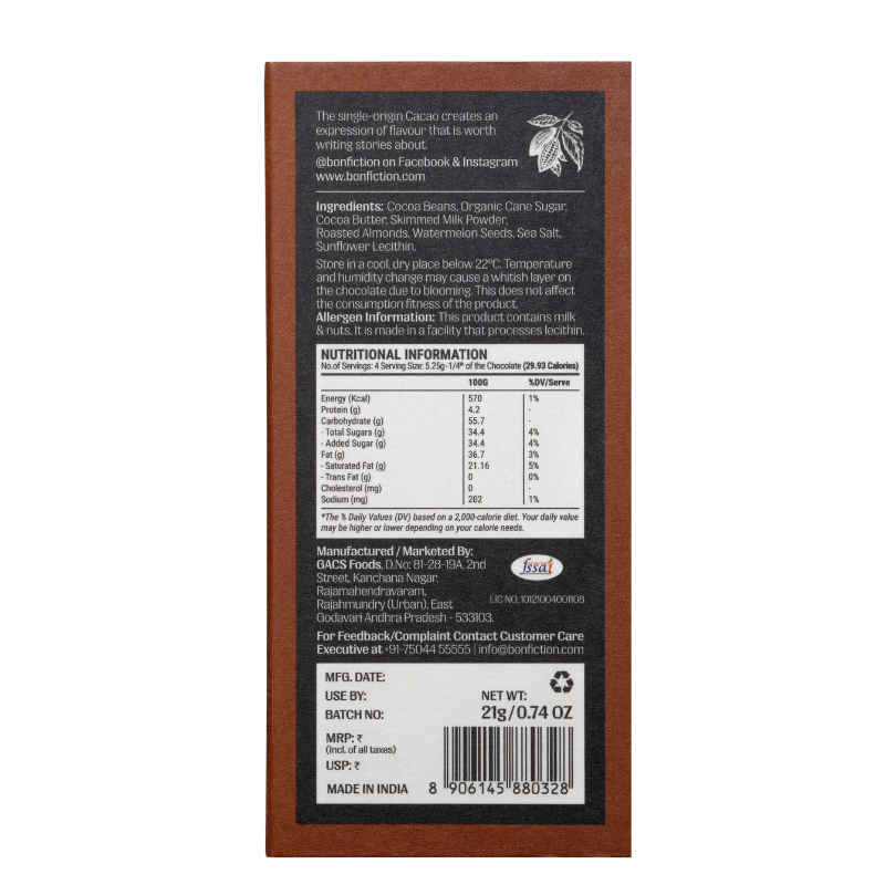 The Roasted Almond Revival - 55% Dark Milk Roasted Almonds Chocolate - Mini
