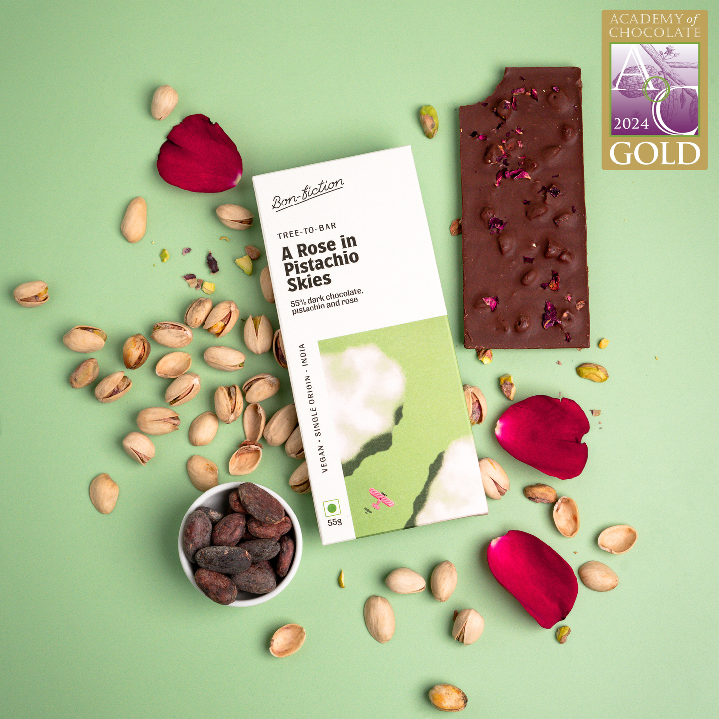 A Rose In Pistachio Skies - 55% Dark Rose Pistachio Chocolate